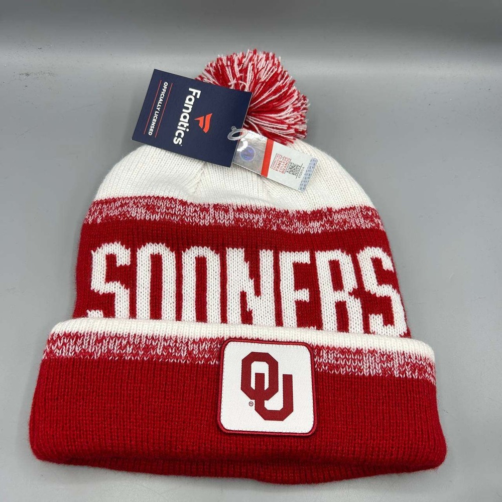 Oklahoma Sooners NCAA Hat Men Red Knit Fanatics Cuffed Beanie Pom Pom Cap New